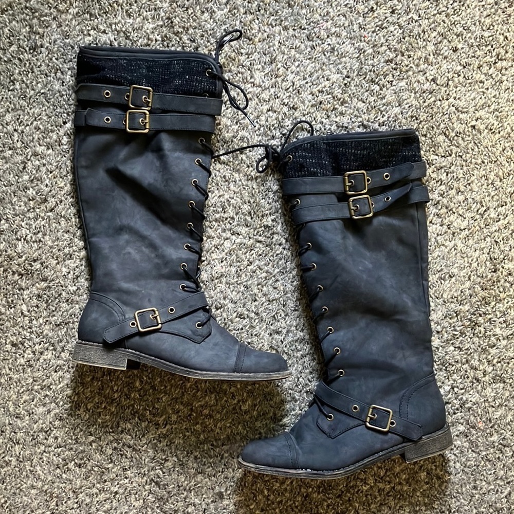 Just Fab Delphina Dark Grey Black Zip Up Round Toe Buckle Boots Size 9 - Picture 5 of 9